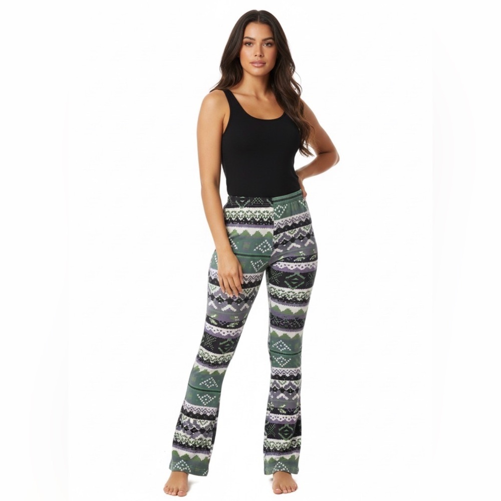 MISSLOOK Green Purple Geometric Flared Leggings - Stretchy Patterned Pants EUC